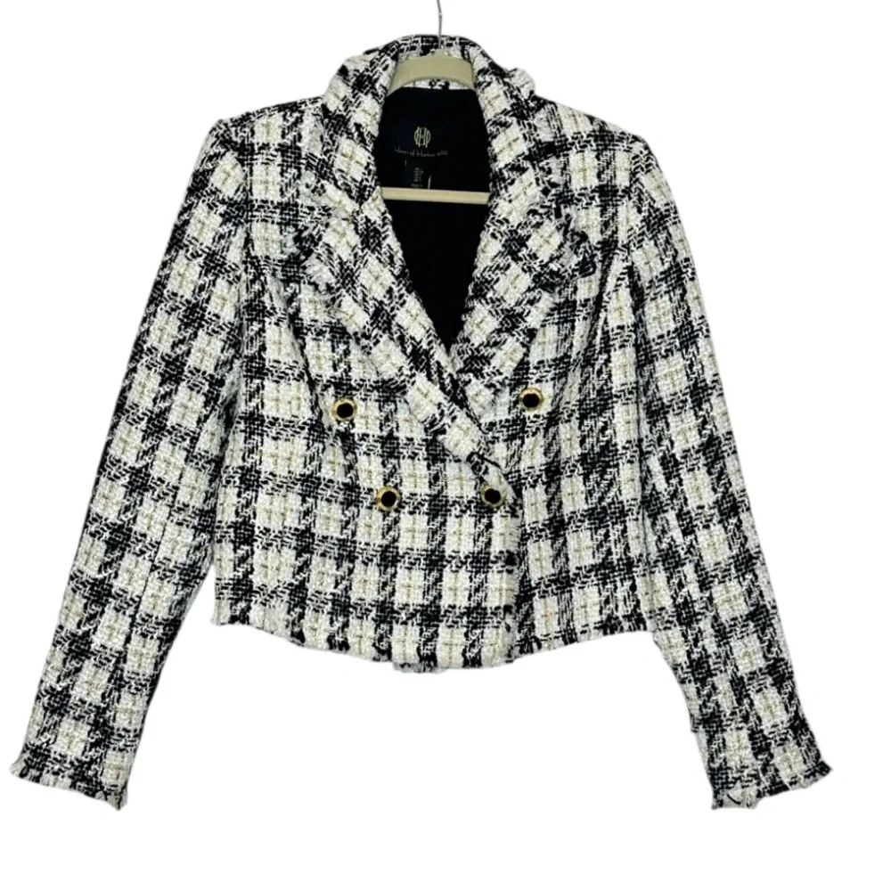 House of Harlow Plaid Tweed Metallic Fringe Wool Blend Blazer| S